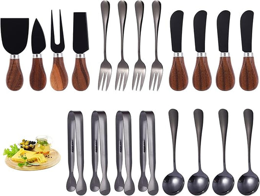 Black Charcuterie Accessories (20 Pcs), Cheese Spreaders for Charcuterie Board, Mini Serving Spoons, Forks and Mini Serving Tongs - Charcuterie Utensils for Butter, Cheese and Pastry Making