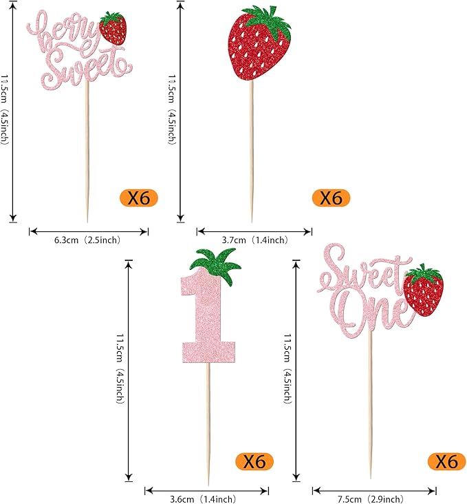 24 Pack Sweet One Cupcake Toppers Glitter First Birthday Strawberry Cupcake Picks for Fruit Baby Shower 1st Birthday Berry Sweet Cupcake Decorations Party Supplies Pink