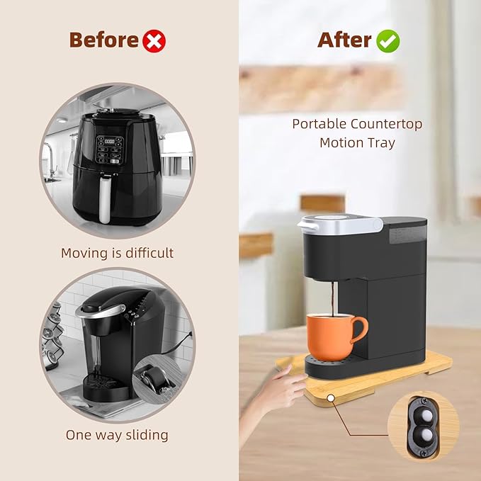 360째 Rolling Tray Bamboo Appliance Slider, Appliance Sliders for Kitchen Appliances Sliding Tray for Coffee Maker Appliances Mat Easily from Under The Cabinet Natural(13.9"횞9.4")