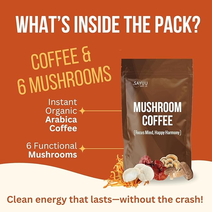 SAYUU Mushroom Coffee Blend ??Focus, Energy & Harmony ??Vegan, Functional Mushrooms, Cordyceps, Lion?™s Mane & Reishi ?“Dietary Supplement - 30 Servings