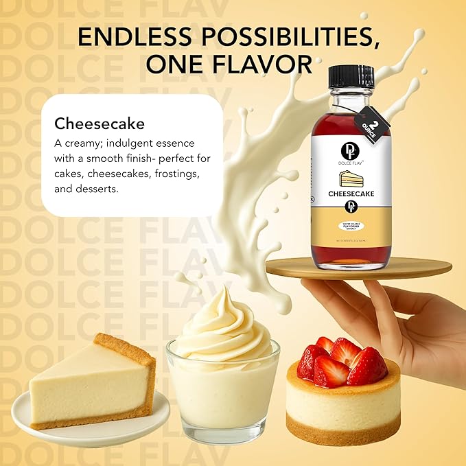 Dolce Flav Cheesecake Extract ??2 Ounce Water-Soluble Kosher, Sugar-Free, Concentrated Creamy Flavor for Desserts, Frostings & Pastries, Includes Measured Dropper