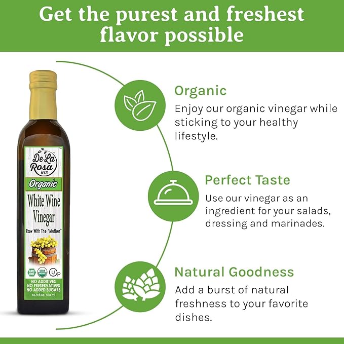 De La Rosa White Wine Vinegar, Raw & Unfiltered, with the “Mother”, Kosher for Passover, Vegan, Non-GMO & Gluten Free, Great for Salad Dressings, Marinades & More, Organic White Wine Vinegar, 16.9 Oz (Pack of 1)