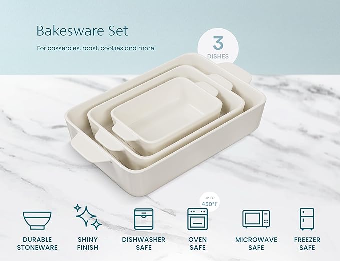 Kook Casserole Dishes for Oven, Ceramic Bakeware Set, Rectangular Baking Dishes, For Casseroles, Lasagna, Cake, Small, Medium & Large Pans, Microwave & Dishwasher Safe, Set of 3 (Cream)