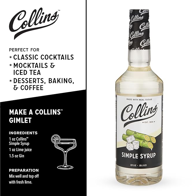 Collins Simple Syrup, Classic Simple Syrup, Real Sugar Cocktail Syrups, Soda Water Flavors, Cocktail Mixers, 32 Ounces, Set of 1
