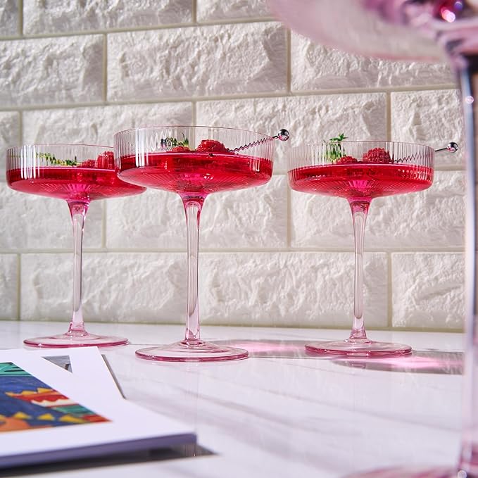 Khen Ribbed Vintage Art Deco Coupe Glasses - Martini, Champagne & Cocktail Ribbed Glasses 8oz | Cute Crystal Glassware Sets, Pink, 4 Pieces, Housewarming Gifts