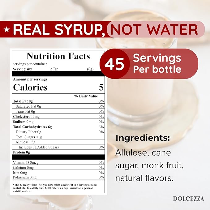 Dolcezza Allulose Simple Syrup, All Natural Low Sugar Sweetener for Coffee, Baking, and Drinks. Keto Friendly Monkfruit Blend. No Stevia or Artificial Sweeteners. No Aftertaste. 12 fl oz