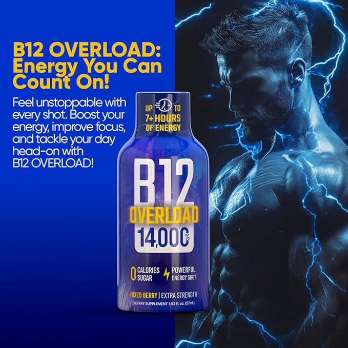 B12 Overload Extra Strength Energy Shot ??Mixed Berry ??260mg Caffeine, 14000% B12, Electrolytes ??Energy & Vitality Support ??Zero Sugar No Calories ??Vegan, Kosher, Gluten-Free ??1.93 fl oz, 12-Pack