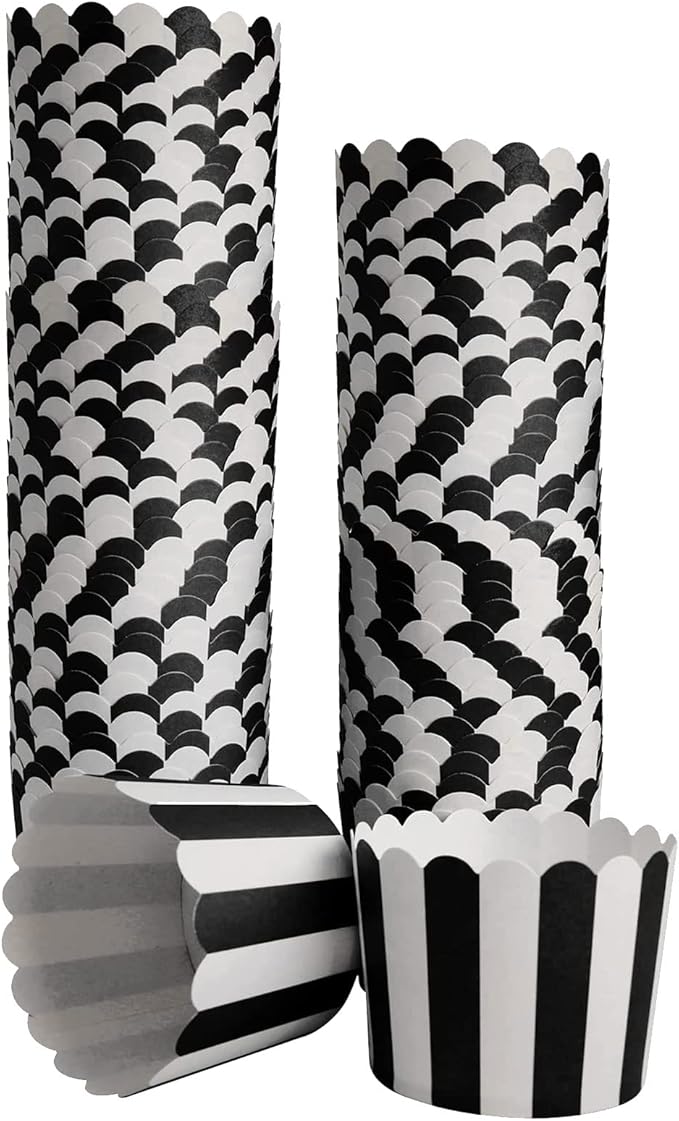 100 Pack Muffin Liners Baking Paper Cups Black and White Stripes Cupcake Liners Elegent Muffins Baking Cups Cupcake Wrappers for Birthday Parties, Weddings, Bottom Dia 2.36 Inch