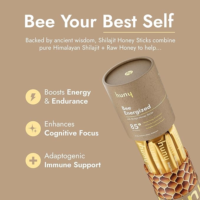 HUNY Bee Energized with Shilajit Honey Sticks | 85+ Trace Minerals for Clean Energy, Focus & Immune Support | Pure Himalayan Shilajit for Men & Women | 30 Count (Pack of 1)