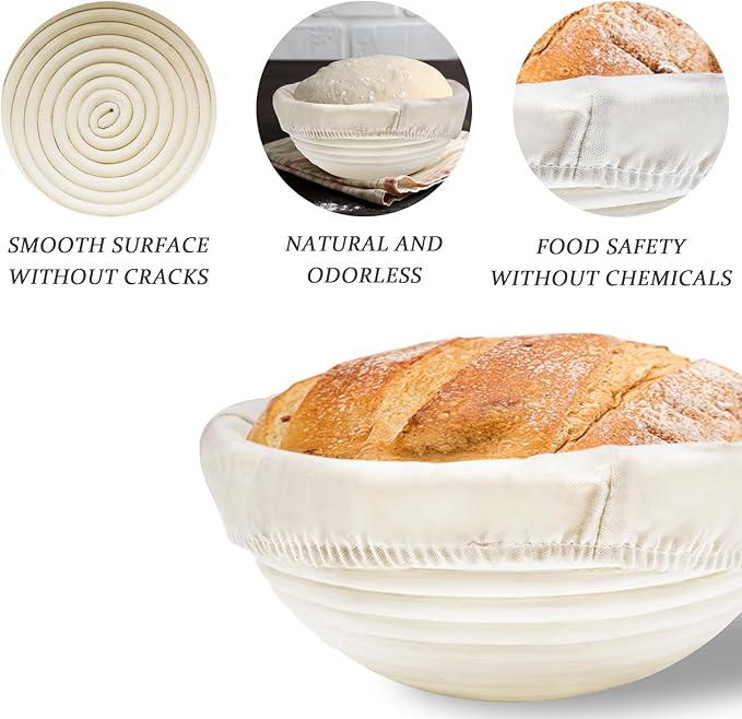 Round Sourdough Proofing Basket: Banneton 2-Pack Natural Rattan - Splinter-Free & Clien Liners for Artisan/Beginner Homemade Bread