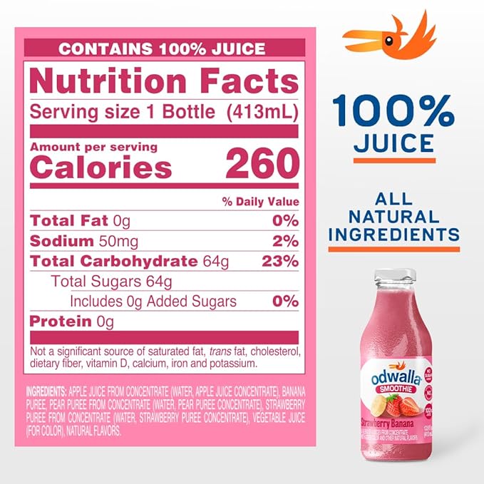 Odwalla Strawberry Banana Smoothie - Fruit Smoothie Mix Ready to Drink - Juice Blend, No Added Sugar, No preservatives, Kosher 13.9 oz Glass Bottles (12 Pack)