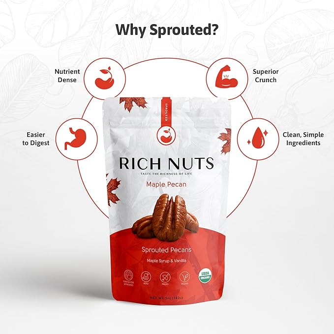 Rich Nuts Maple Pecan Gourmet Sprouted Pecans | Vegan, Paleo, Keto | Made with Maple Syrup, Vanilla Extract and Sea Salt | Non-Roasted from Dehyrdated Germinated Raw, Whole Pecans | 4 Oz Bag (2 Pack)