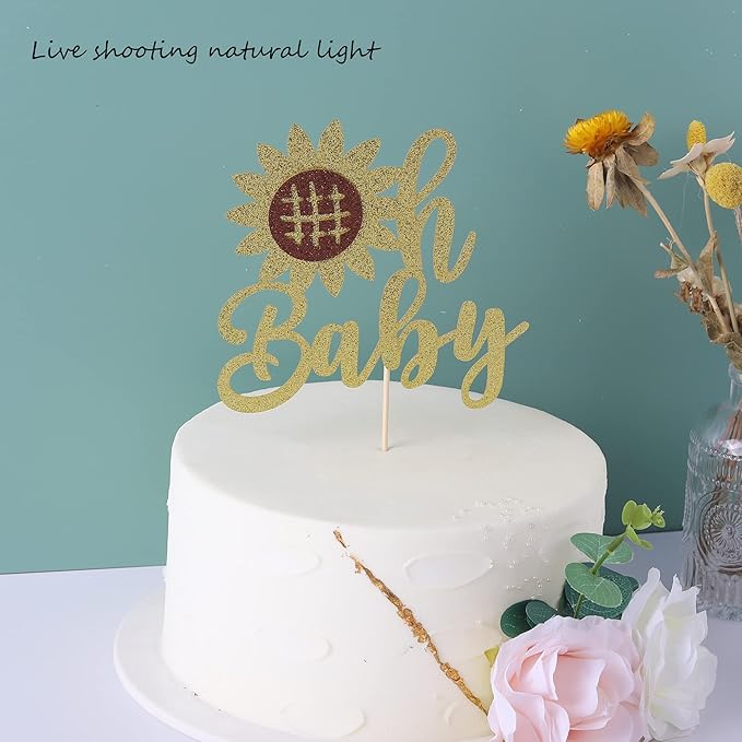 1 Pack Happy Birthday Oh Baby Cake Topper Glitter Sunflower Birthday Cake Pick Baby Shower Kids Birthday Summer Welcome Baby Shower Cake Decoration Party Supplies