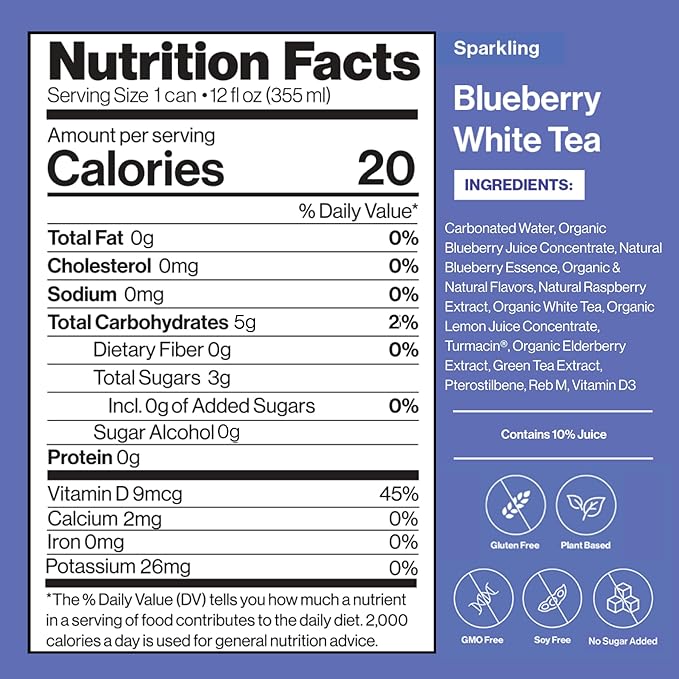 Happy Being Sparkling Nutrient-Rich Blueberry White Tea – Infused with Turmeric, Elderberry, Vitamin D3, Caffeine Free, Plant-Based, Low Calorie & Low Sugar Drinks, 12oz (16 Pack)