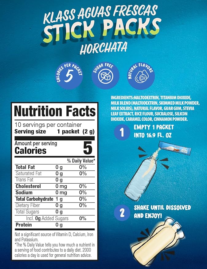 Klass Aguas Frescas | Drink Mix Packets | Horchata Flavored | Sugar Free On-The-Go Packets, Low Calorie (40 Count Powder Stick Packs)