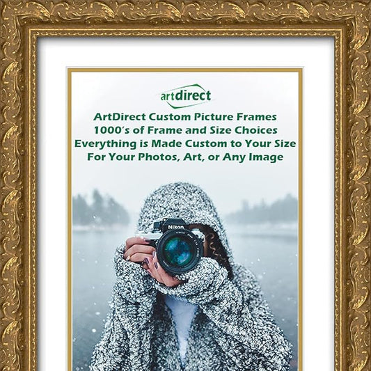 ArtDirect Custom Gold Ornate Wood Picture Frame with Double Matting Fits 9x27 Image with Double Matting or 13x31 Image Without Double Matting - 17x35 Overall Framed Size with Two Inch Wide Frame