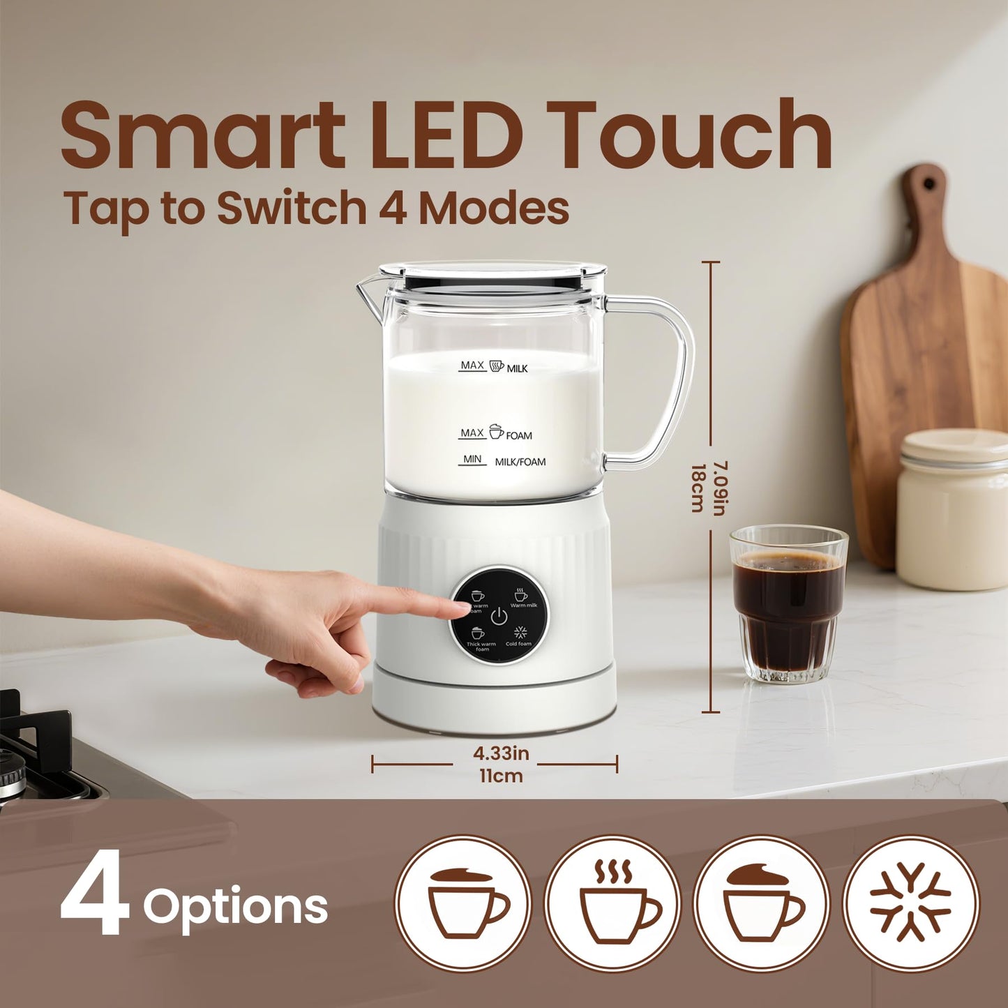 4-in-1 Electric Milk Frother and Steamer for Whole Milk, LED Touch Screen