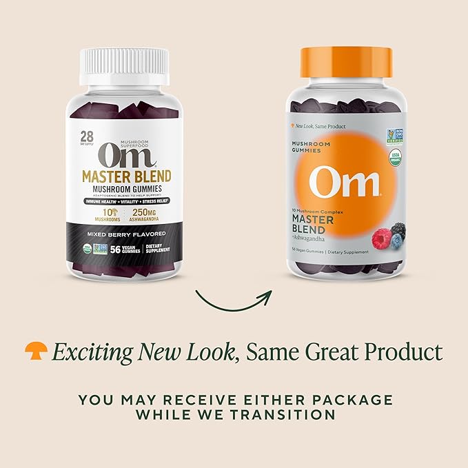 Om Master Blend Mushroom Gummies - Organic Mushroom Supplement with 10 Mushrooms and Ashwagandha ??Support Immunity, Gut Health & Stress Relief, 56 Count (28 Servings), Mixed Berry Flavor