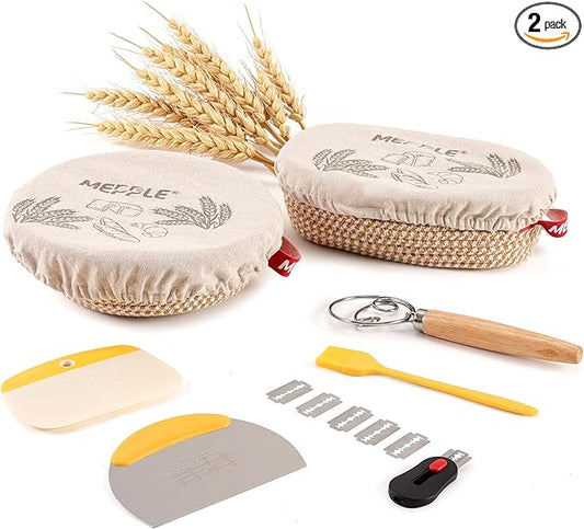 Sourdough Bread Baking Set,10" Round and 11" Oval Rope Banneton Proofing Basket with Liners,Sourdough Starter Kit with Bread Lame,Dough Whisk,Bowl Scraper,Brush and Stainless Steel Scraper