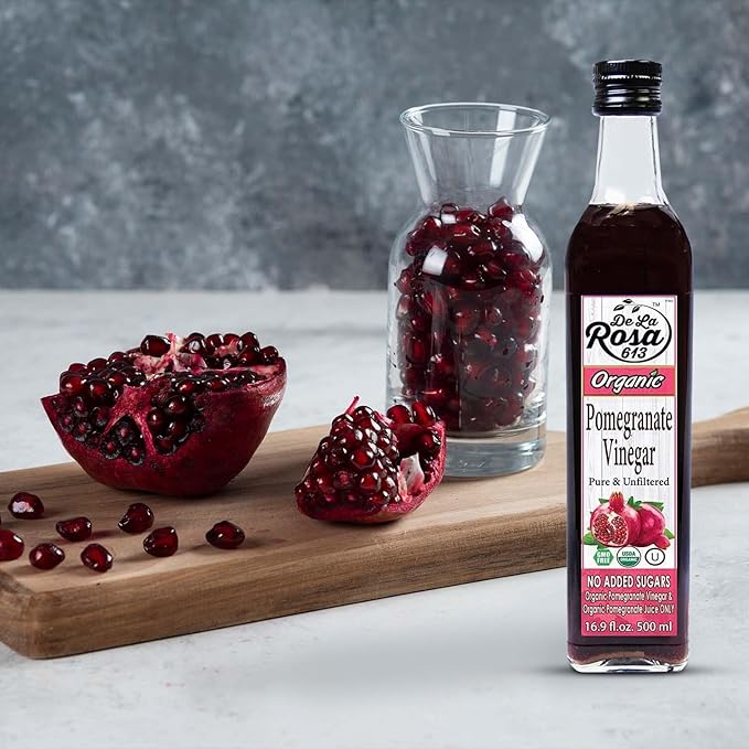 De La Rosa Organic Pomegranate Vinegar, Pure & Unfiltered, Vegan, Gluten Free & Kosher, Great for Salad Dressing, Marinades, 100% Pure Pomegranate Vinegar 16.9 Oz (pack of 1)