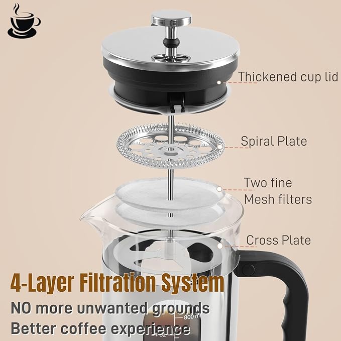 French Press Coffee Maker 34 oz, 1000ml Borosilicate Glass Stainless Steel Coffee Brewer with Reusable Filters Portable Coffee Press for Kitchen Travel Camping
