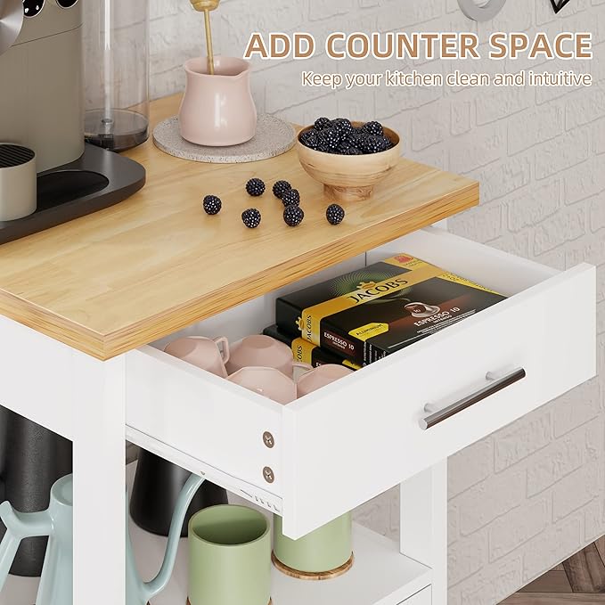 Shintenchi Kitchen Island Cart with Storage,Rolling Side Table on Wheels with Worktop,Single Door Cabinet and Drawer for Dinning Room, White