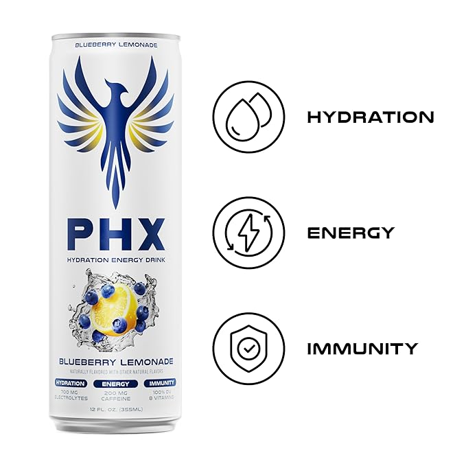 PHX Hydration Energy Drink - 700mg Electrolytes, 200mg Natural Green Tea Caffeine, 100% Daily Value 8 Essential Vitamins - 12 oz Cans (12 Pack) (12 Pack, Blueberry Lemonade)