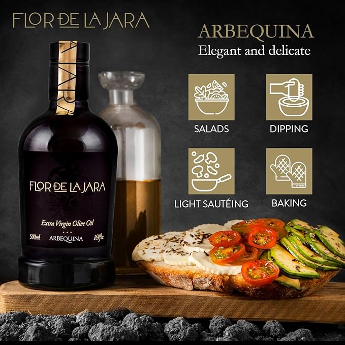 FLOR DE LA JARA Premium Extra Virgin Olive Oil from Spain, First Cold Pressed, Monovarietal Arbequina, Hand-Harvested Olives, Family-Owned Grove, Low Acidity (0.1%), 16.9 fl oz (500ml)