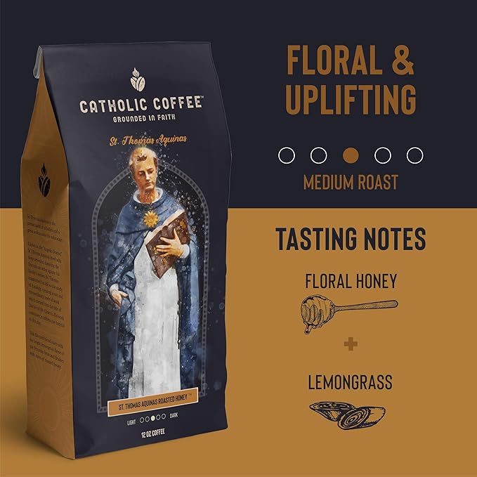 Catholic Coffee St. Thomas Aquinas | Medium Roast Ground Coffee ??Floral Honey & Lemongrass Notes | 12oz Bag ??Catholic Gift Inspired by a Doctor of the Church