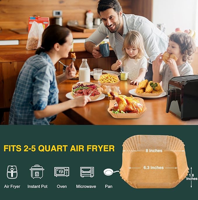 Air Fryer Disposable Paper Liners Square, Non-Stick Parchment, AirFryer Accessories for Baking Microwave Oven Frying Pan, Oil Proof, Water Proof (100PCS, 6.3inch)