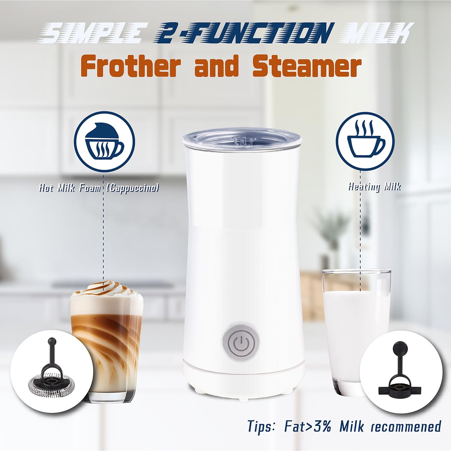 Seydere Simple Milk Frother, 2 in 1 Milk Steamer and Frother, Electric Milk Steamer, Milk Warmer