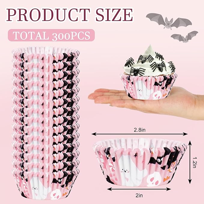 300Pcs Halloween Cupcake Liner Pink Boo Ghost Baking Cup Paper Muffin Cupcake Wrapper for Trick or Treat Party Supplies