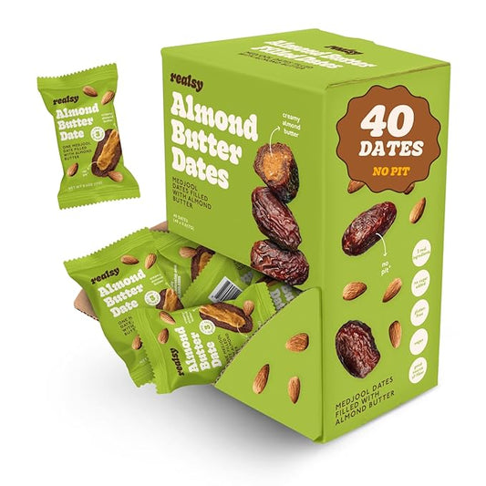 Realsy Filled Medjool Dates, Organic Dates with No Sugar Added, Gluten-Free, Vegan, All Natural Healthy Snack, Single Wrapped (40 ct) (Almond Butter)