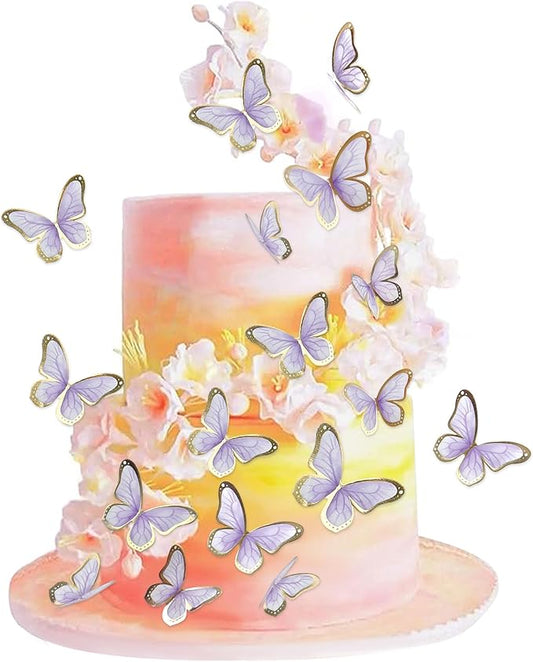 30pcs Purple Gold Edge Mixed Size Lively 3D Waterproof Butterfly Cupcake Topper for Girls Women's Happy Birthday Wedding Party Cake Wall Party Food Decorations