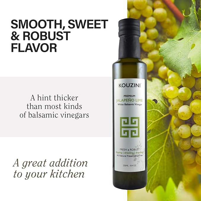 Kouzini Ultra Premium White Jalapeno Lime Balsamic Vinegar - Sweet & Thick Italian Dressing for Salad, Organic Modena Vinegar - 250ml