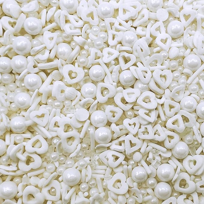 White Heart and Pearl Sprinkles White Edible Pearls Heart Confetti Sprinkles Christmas Cookie Decorations Edible Sugar Pearls for Cakes,Cupcakes Toppers Baby Shower Wedding Supplies 3.35 OZ with Tweezers