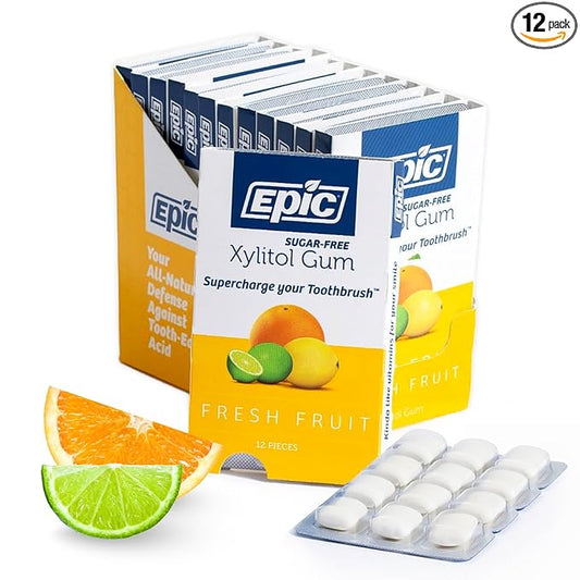 Epic 100% Xylitol Fresh Fruit Chewing Gum - Sugar Free, Aspartame Free Dental Gum - Supports Oral Health & Fresh Breath - 12 Pieces (Pack of 12)