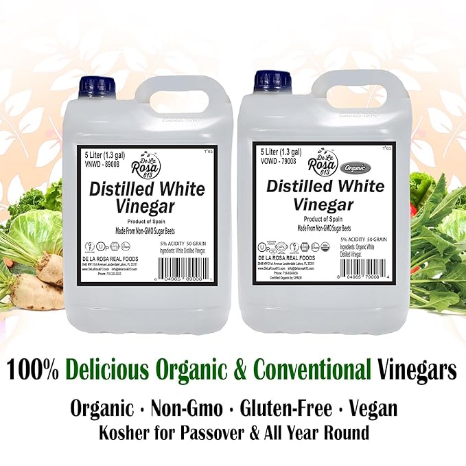 De La Rosa Distilled White Vinegar, Raw & Unfiltered, Kosher for Passover, Vegan & Gluten Free, Great for Salad Dressing, Marinades, White Distilled Vinegar 5 Liter (Pack of 1)