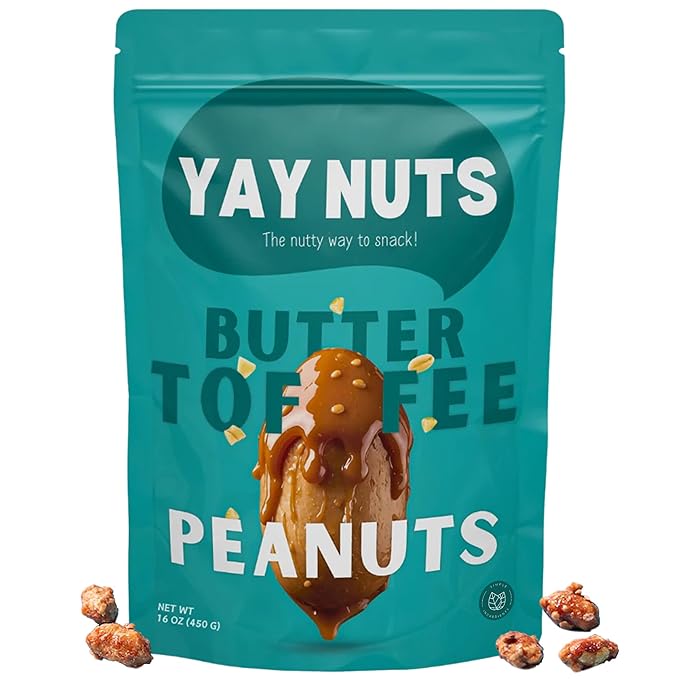 YAY NUTS Butter Toffee Peanuts ??All-Natural Sweet & Salty Snack, Crunchy Roasted Peanuts Coated in Rich Caramelized Butter Toffee, Made in USA, Guilt-Free Snacking with Real Ingredients - 16oz (450g)