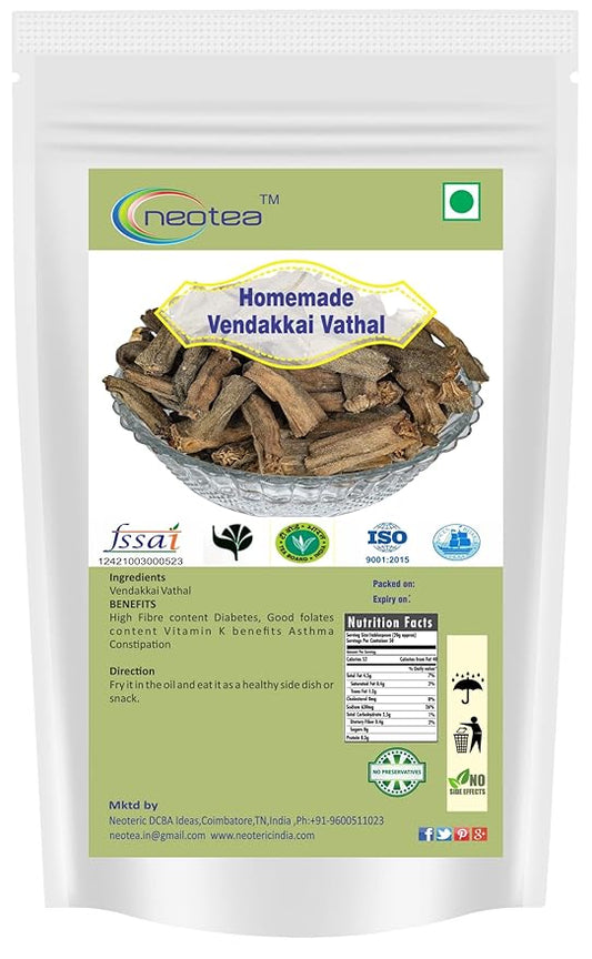 Neotea Homemade Vendakkai Vathal | Sun-Dried Okra | 250 GM | 17.63 OZ | Traditional Indian Snack | Natural & Preservative-Free