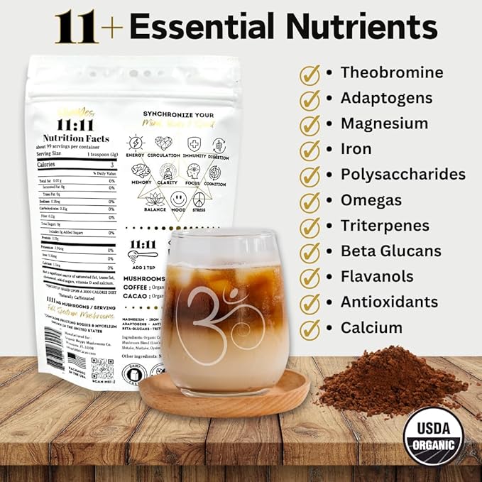 Organic Mushroom Coffee with Cacao ??11x Adaptogenic Mushrooms for Focus, Clarity & Energy ??Lion?™s Mane, Reishi, Chaga + Nootropic Superfood by OhmYes (7oz) - 99 Servings