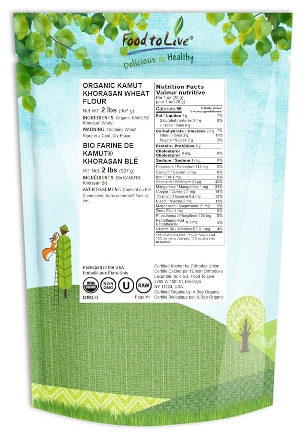 Food to Live Organic KAMUT Khorasan Wheat Flour, 2 Pounds ??Stone Ground Powder, 100% Whole Grain Meal, Non-GMO, Kosher, Bulk