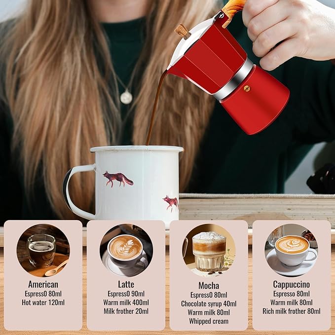 3 Cup Aluminum Moka Pot Classic Stovetop Espresso Coffee Maker 150ml 5oz Coffeemaker Percolator Mocha Pot Greca Coffee Maker Cafe Makers for Italian and Cuban Cafì±?Brewing Red