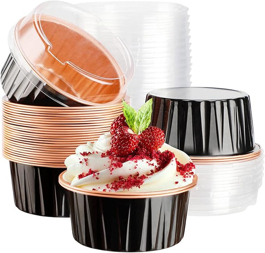 EUSOAR Ramekin Baking Cups, 30pcs 5oz Aluminum Foil Muffin Liners Cupcake Baking Cup with Lids, Mini Pie Pans with Lids, Disposable Foil Containers for Creme Brulee or Cupcake-Black
