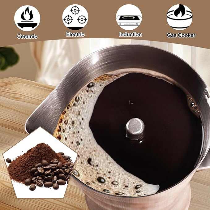 Uncoated 6 Cup Moka Pot 304 Thickened Stainless Steel Coffee Maker Stovetop Espresso Coffeemaker Italian Classic Style Brewing Greca Cafe Mocha Machine for Cafeteras Camping Travel Home 300ml 10oz