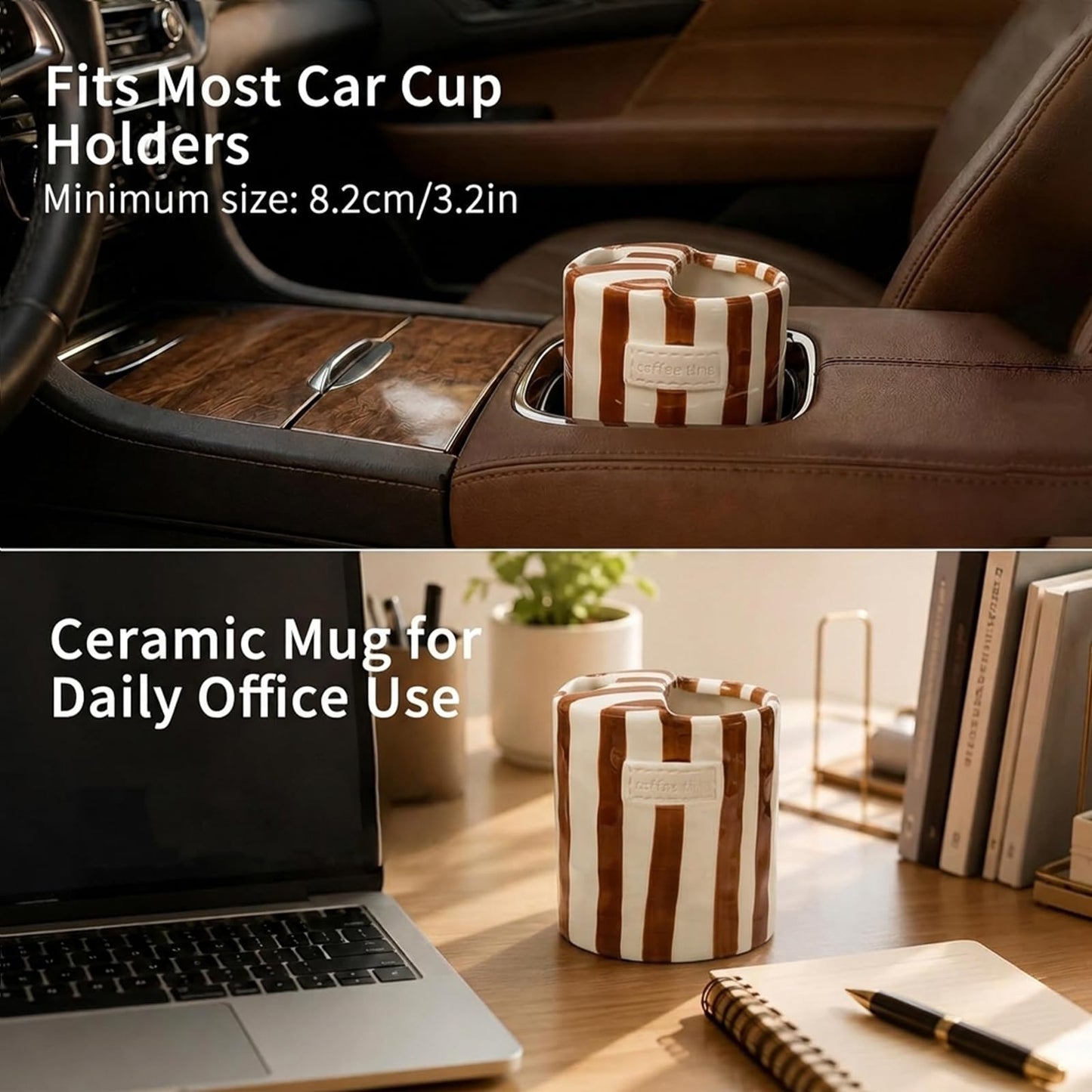 KOIMYSA Ceramic Coffee Mug with Half Lid, 12oz Handmade Retro Striped Travel Mug, Minimalist To Go