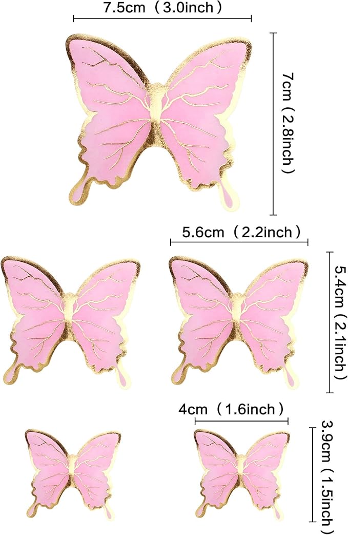 30pcs Pink Gold Edge Mixed Size Lively 3D Waterproof Swllowtail Butterfly Cupcake Topper for Girls Women's Happy Birthday Wedding Party Cake Wall Party Food Decorations