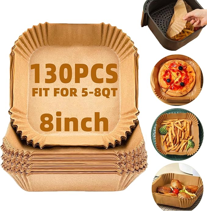 Air Fryer Liners Disposable,130Pcs LYHOLKEER 8inches Square Air Fryer Paper Liners for 5-8QT Air Fryer,Parchment Paper for 6QT COSORI 9-in-1 CAF and Ninja Pro XL 5QT AF141/AF142/6.5QT AF182/MAX AF181