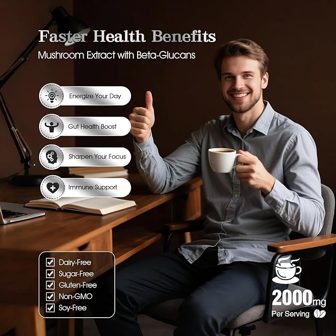 Organic Mushroom Coffee for Energy, Focus, Immunity & Digestion ??Instant Coffee & 6 Mushrooms: Cordyceps, Reishi, King Trumpet, Shiitake, Turkey Tail & Lion?™s Mane (1 Count (Pack of 1), 30 Servings-Dark Roast)