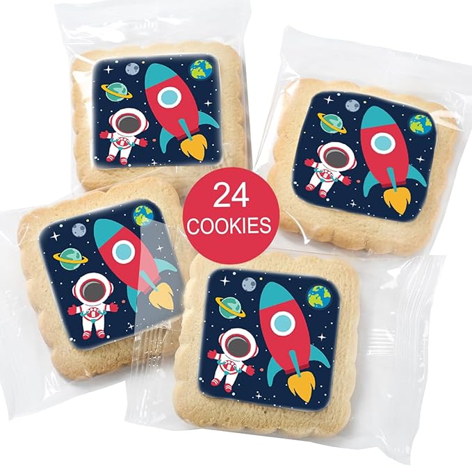 Space Themed Cookies Individually Wrapped Bulk | Outer Space Astronaut Planets Rocketship | Party Favors 24 Pack for Kids Birthday Party Decorated Sugar Cookies